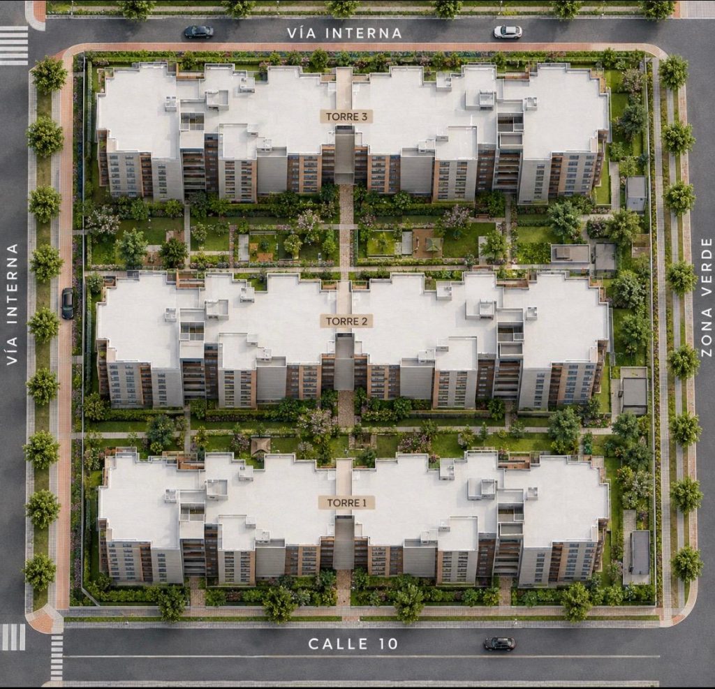 Render aéreo de las tres torres de la última fase de Rincón de los Virreyes sobre la Calle 10, Mosquera