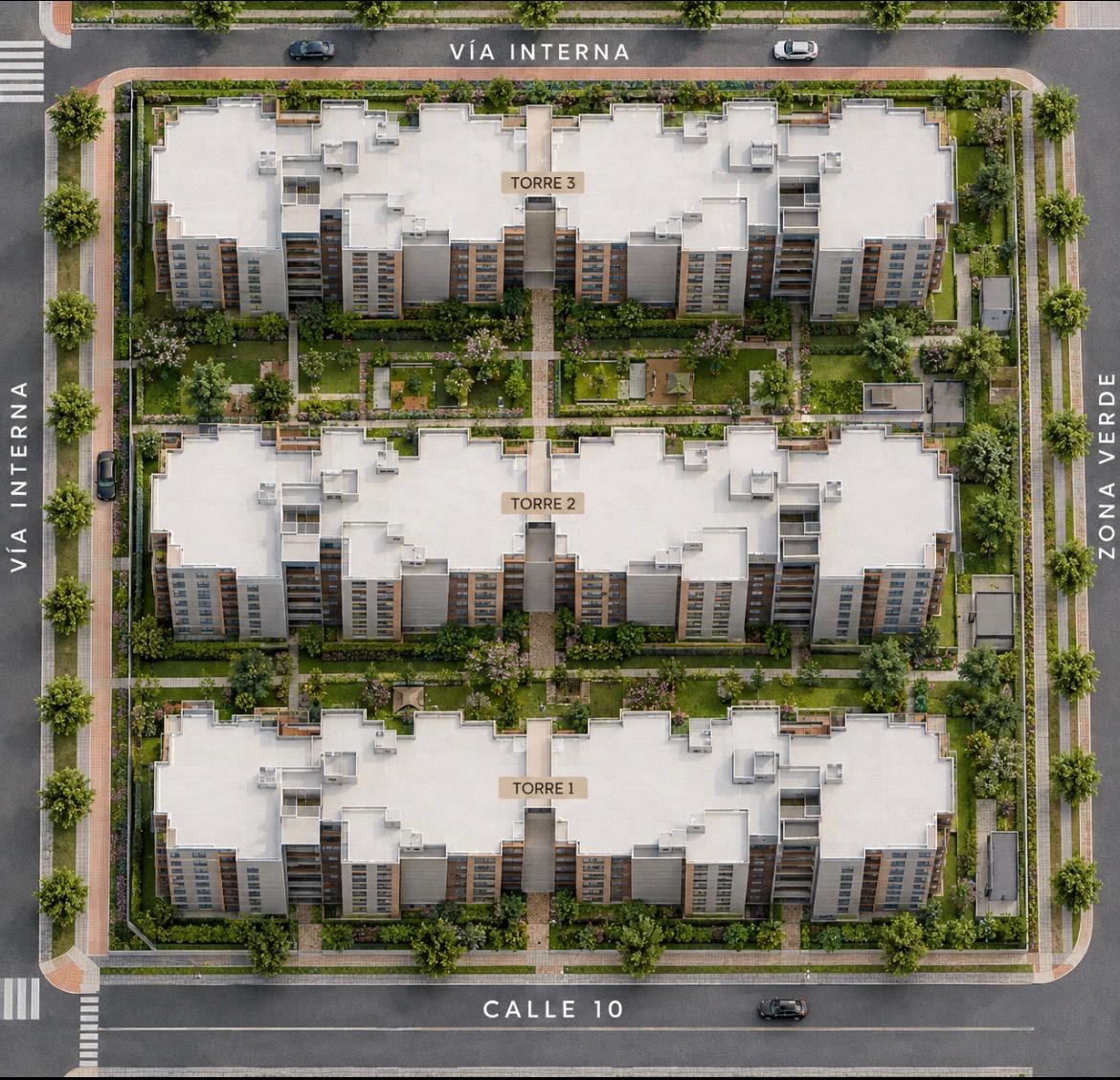Render aéreo de las tres torres de la última fase de Rincón de los Virreyes sobre la Calle 10, Mosquera